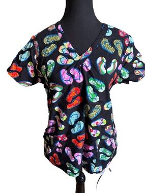 White Cross Black Scrub Top with Multicolor Flip-Flop Print